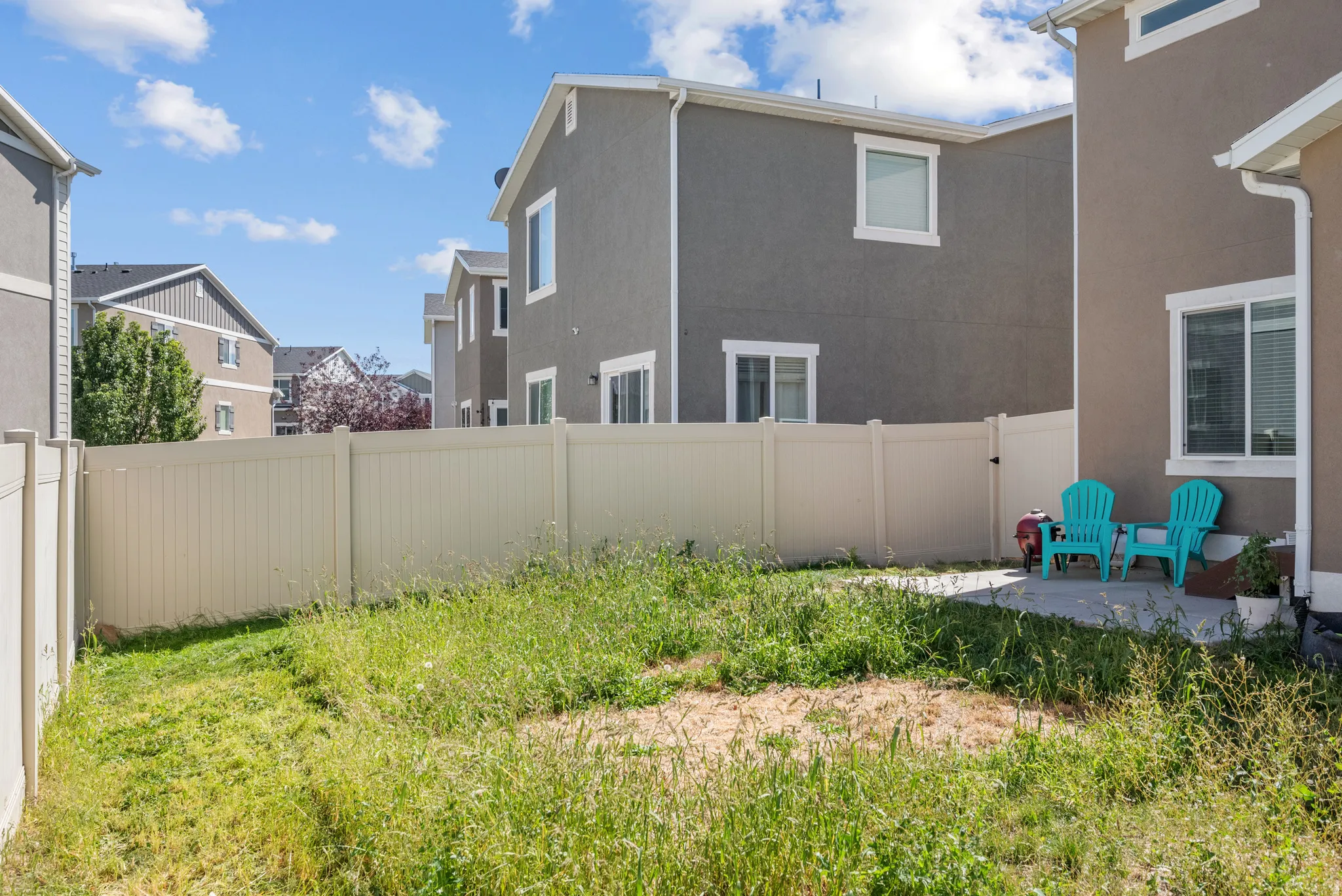 Private fenced backyard featuring a concrete patio