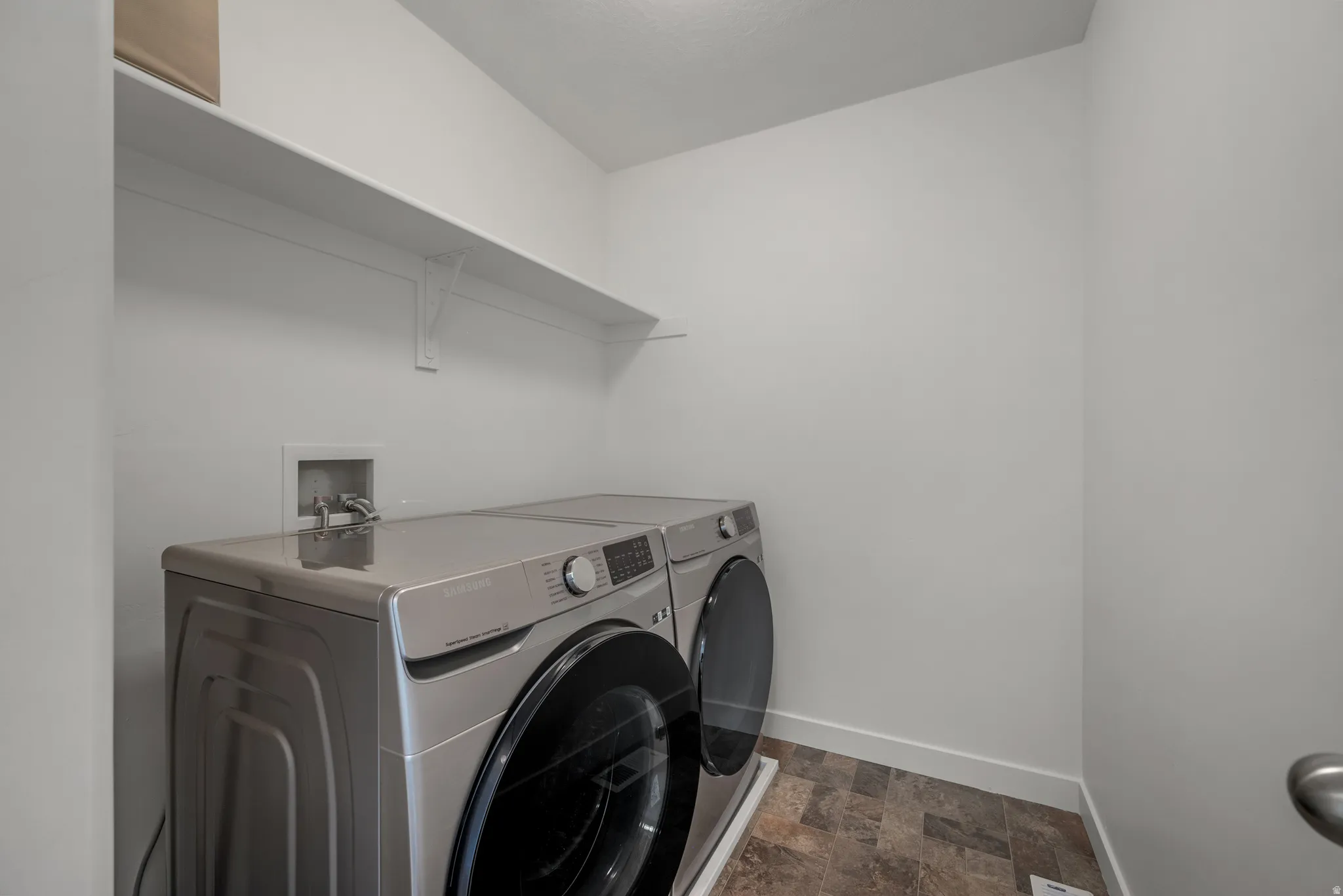 Built-in shelving and durable tile flooring