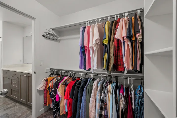 Custom closet with dual hanging rods, built-in shelving, and direct access to a bathroom featuring a vanity with shaker-style cabinetry and a light-toned countertop