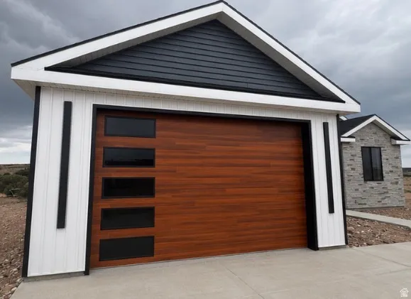Wood-finish garage door with horizontal windows