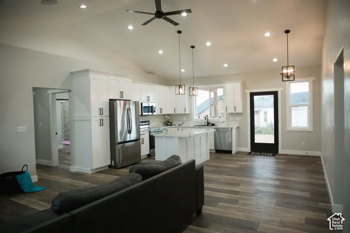 Vaulted ceiling with recessed lighting, wood-finish flooring, white cabinetry, stainless steel appliances, and a kitchen island with stone countertop