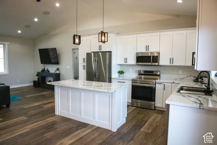 Kitchen island with a waterfall countertop, white shaker cabinetry, stainless steel appliances, and wood-finish flooring