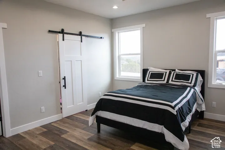 Barn door entry, wood-finish flooring, recessed lighting, and two windows