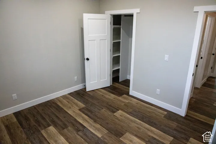 Wood-finish flooring, white trim, solid core interior doors, and built-in shelving in the closet