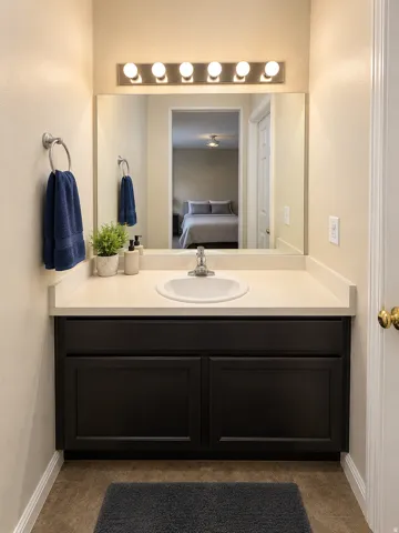 White countertop with an integrated white sink, dark wood-finish vanity, and a vanity light fixture