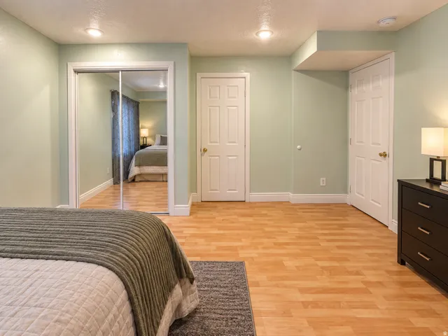 Light wood-finish flooring, recessed ceiling lighting, mirrored closet doors, and multiple paneled doors
