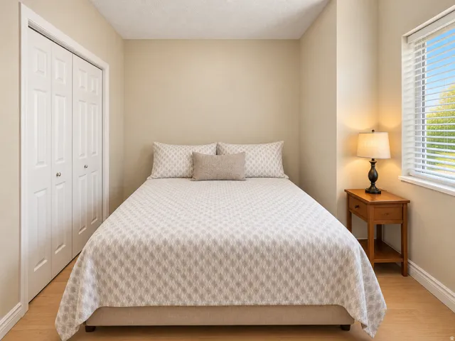 Wood-finish flooring, neutral wall tones, white bi-fold closet doors, and a window with white blinds
