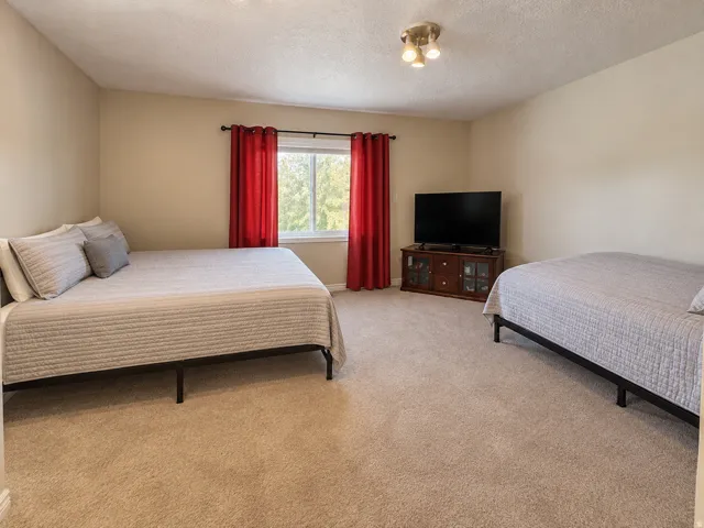 Carpeted room with neutral wall tones, a large window, and a ceiling-mounted light fixture