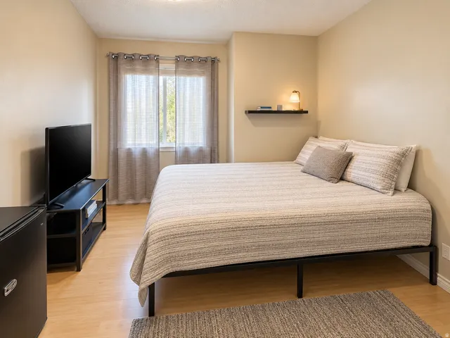 Light-toned walls, wood-finish flooring, and a large window with privacy coverings