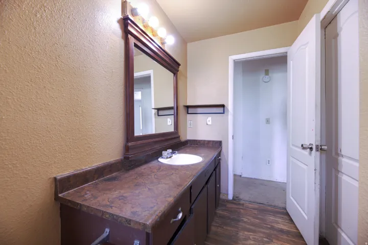 Vanity with a single basin sink, wood-finish flooring, and built-in wall shelving