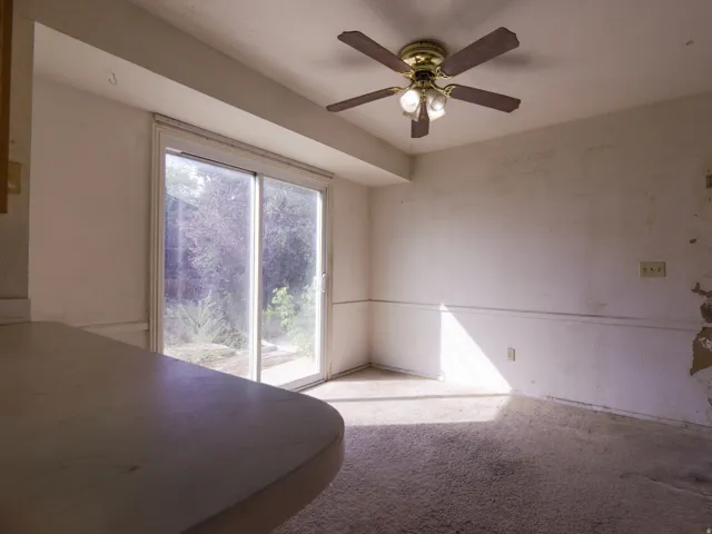 Sliding glass door, ceiling-mounted fan with integrated lighting, built-in counter surface, interior wall paneling, and wall-to-wall carpeting