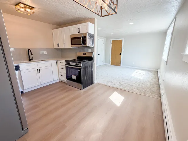 Kitchen featuring white cabinetry, stainless steel appliances, a light-toned backsplash, and wood-finish flooring