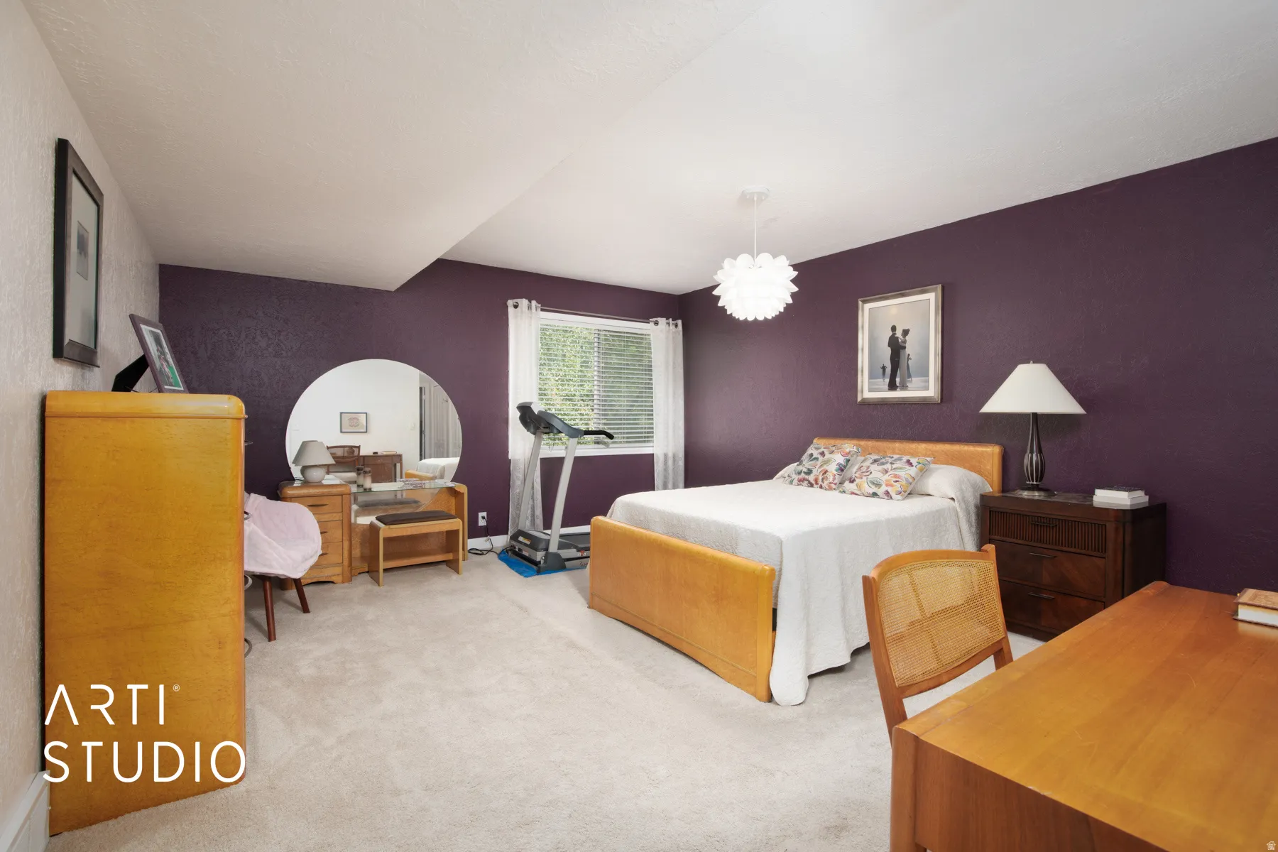 Bedroom featuring wall-to-wall carpeting, painted walls, and a window with blinds