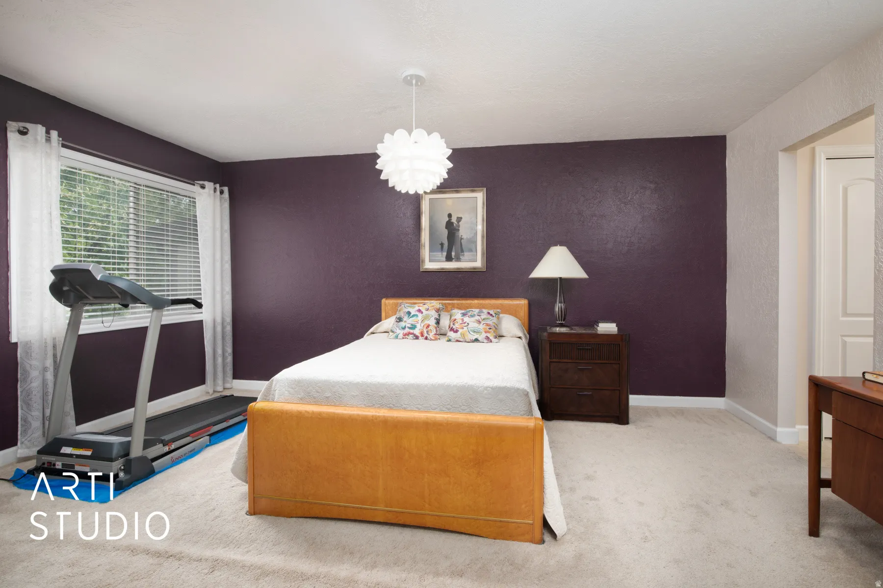 Wall-to-wall carpeting with textured walls