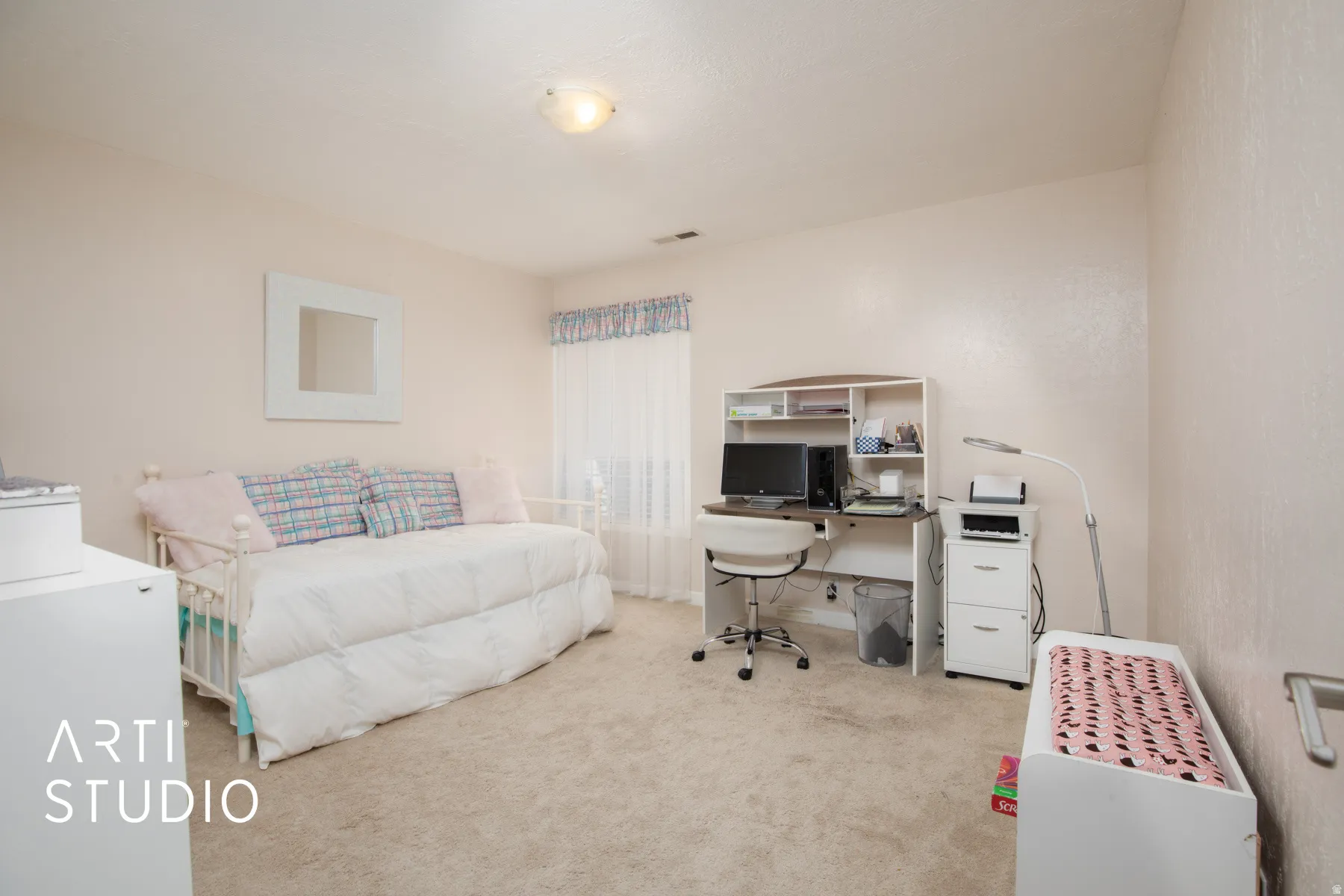 Carpeted flooring throughout, recessed window, and overhead lighting
