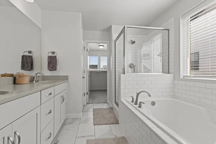 Primary bathroom with dual vanity with white cabinetry, light gray countertop, and undermount sinks