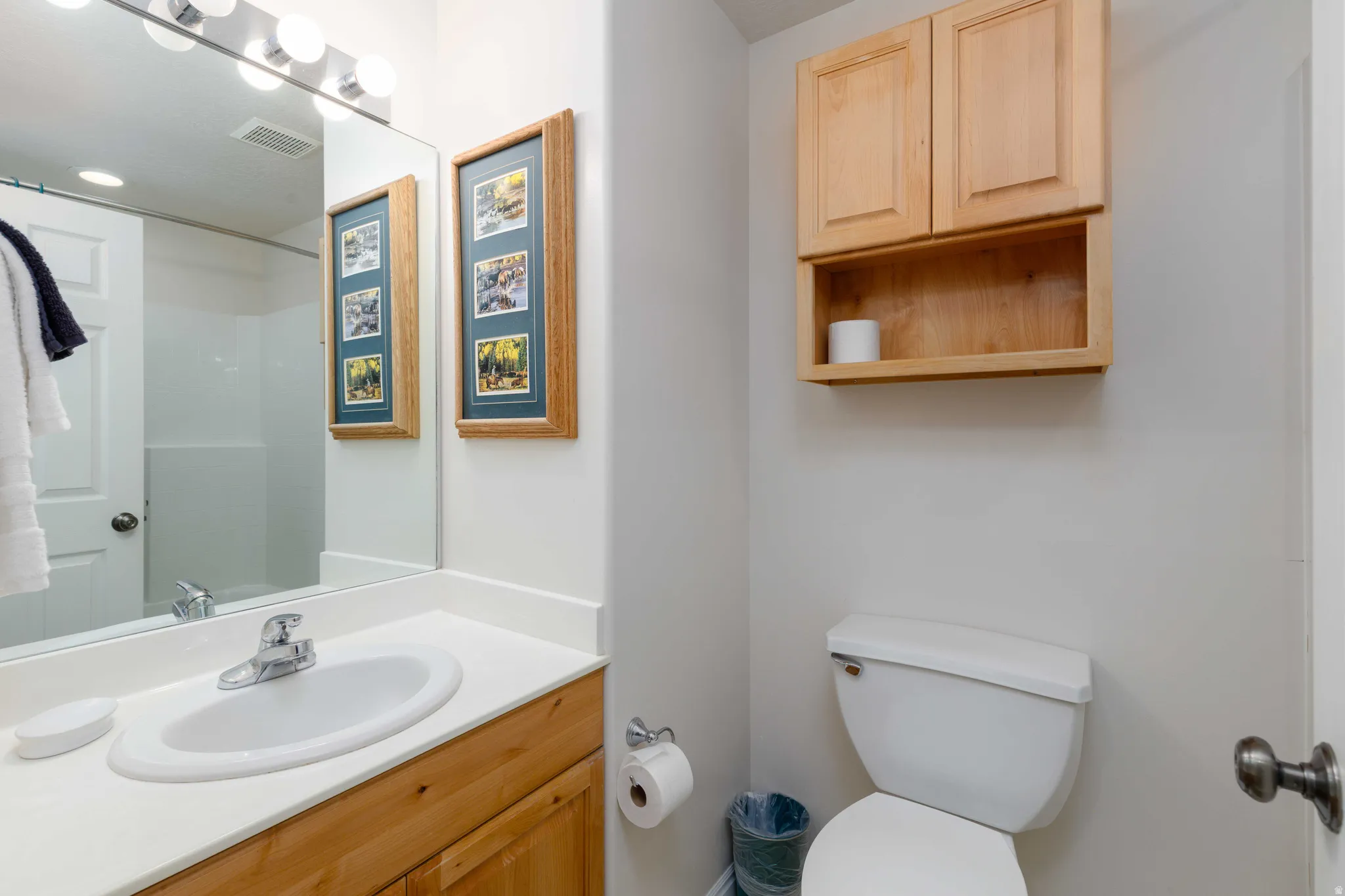 Bathroom featuring a vanity with a drop-in sink, wall-mounted light bar, wood-finish cabinetry, and built-in wall cabinets