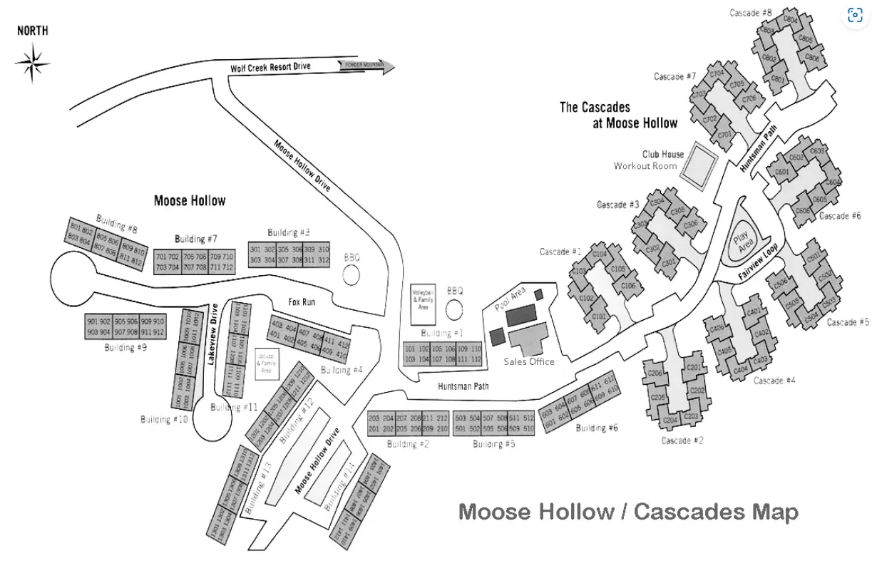 Site Map. Depicting the layout of the Moose Hollow and Cascades developments, including building numbers and primary access roads