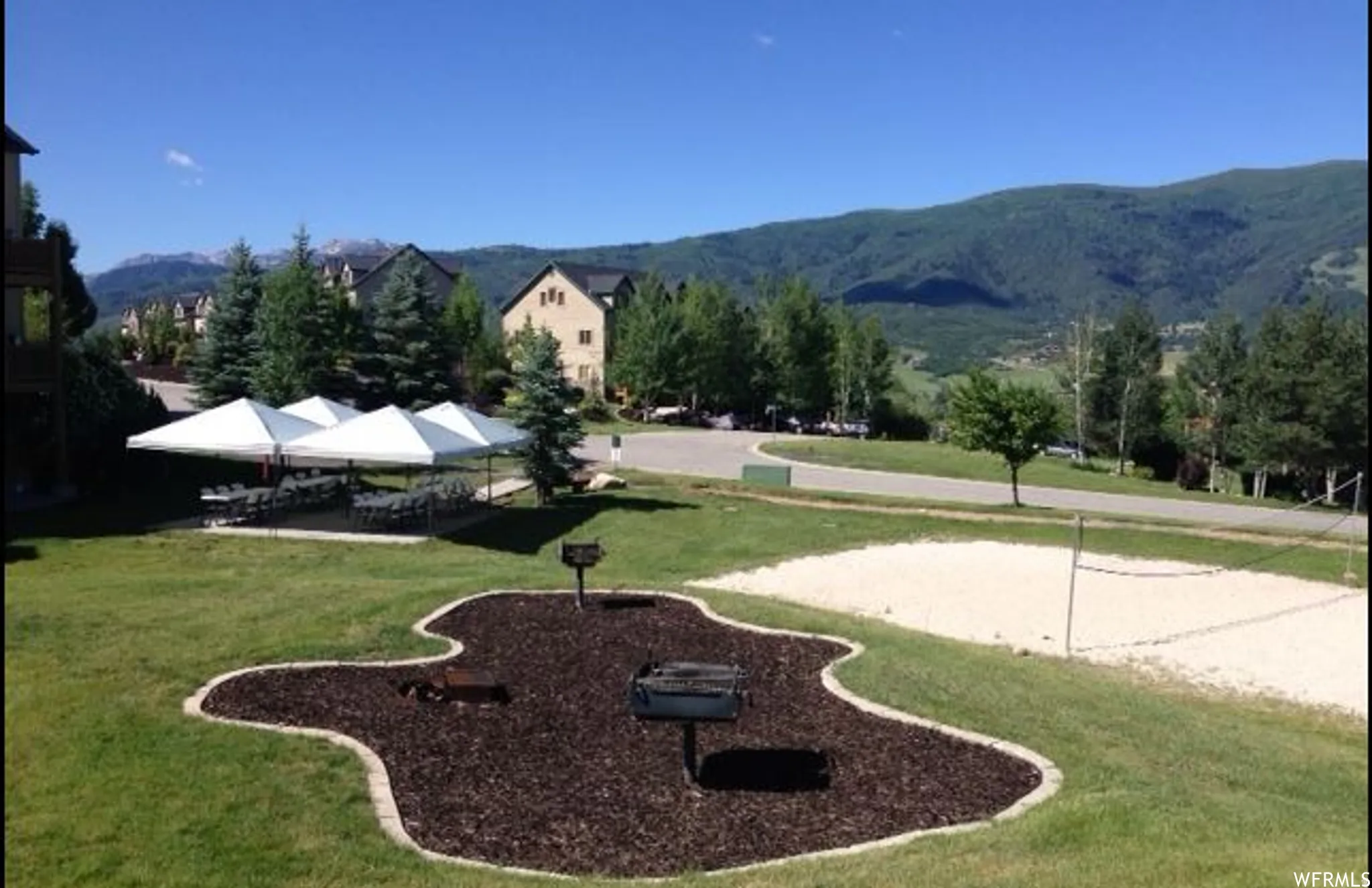 Expansive lawn with a sand volleyball court, covered outdoor seating area, and built-in grilling stations