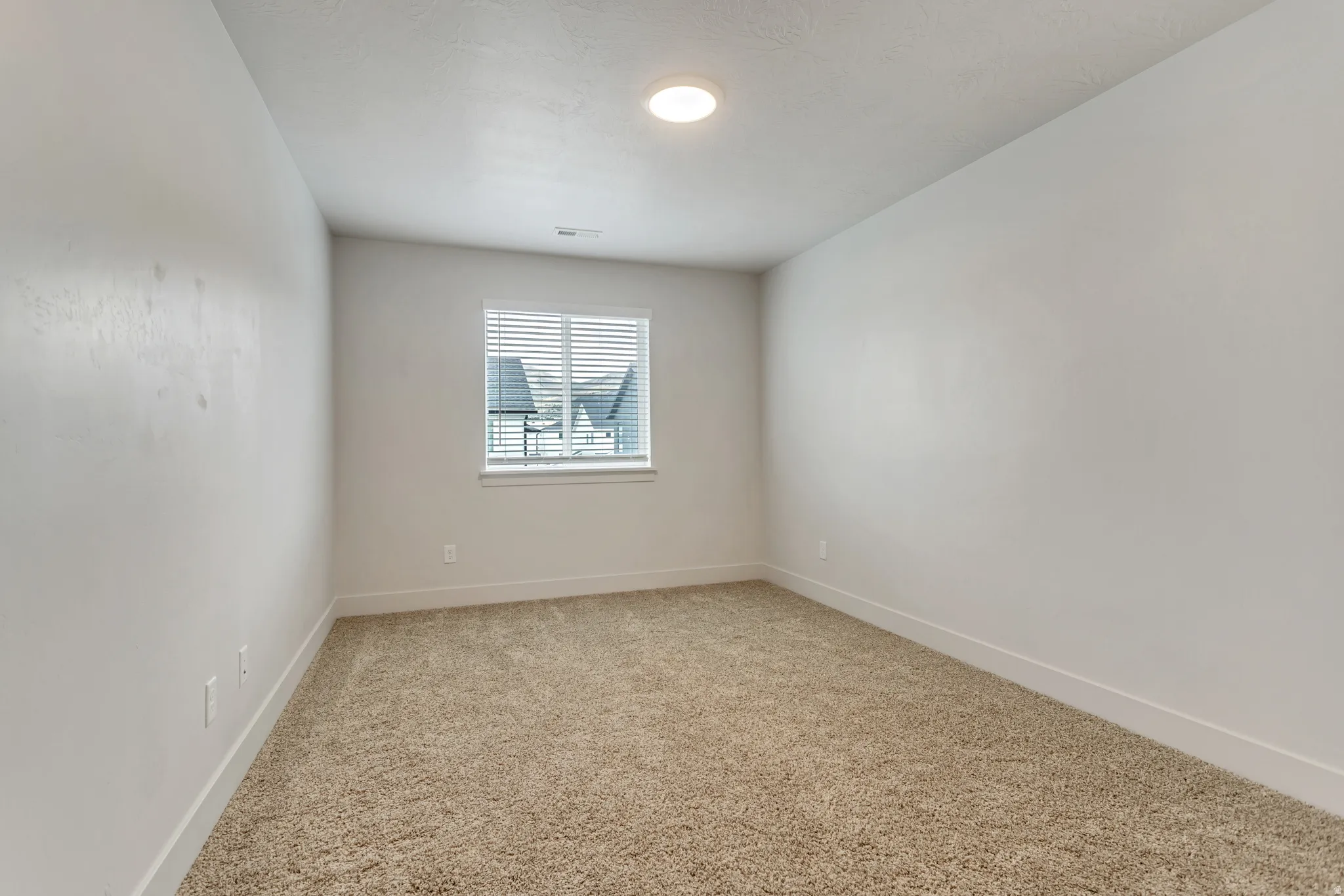Neutral carpet flooring with white baseboards and walls, featuring a window with horizontal blinds and a ceiling-mounted light fixture