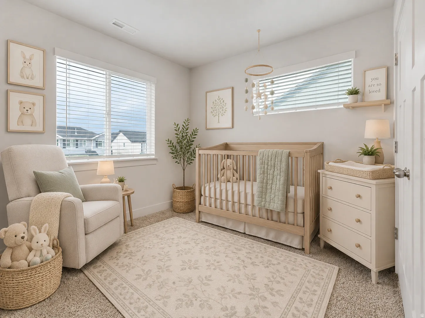 Carpeted flooring, white walls, two windows with blinds, and a white interior door