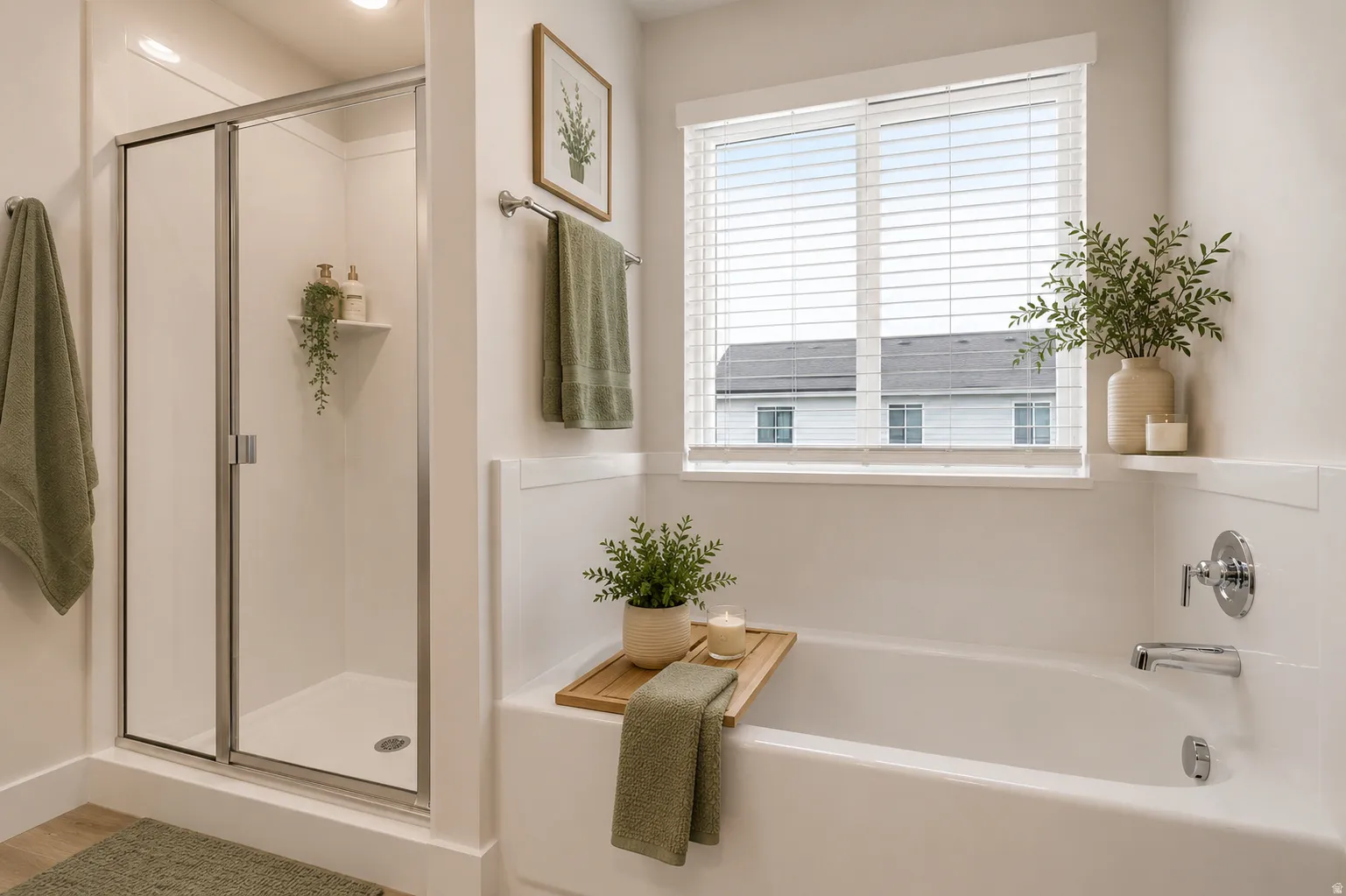 Full-size bathtub, separate glass-enclosed shower, chrome fixtures, and a large window with blinds