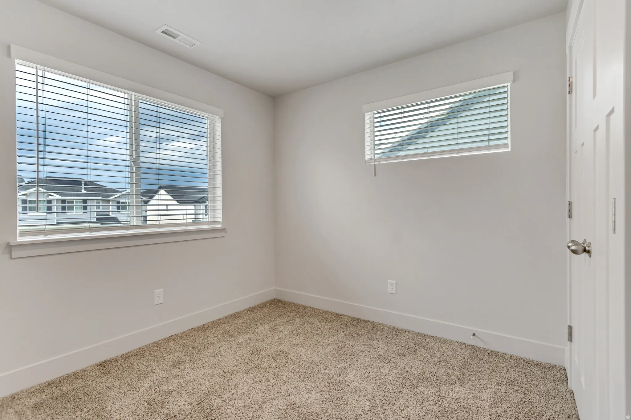 Plush carpeting, multiple windows with blinds, and a paneled interior door with a brushed nickel knob