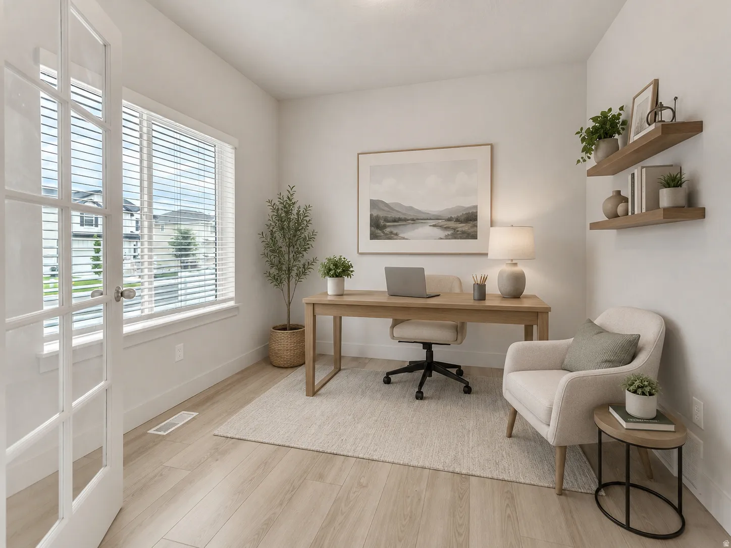 Room featuring wood-finish flooring, white walls, a large window with blinds, and white French doors