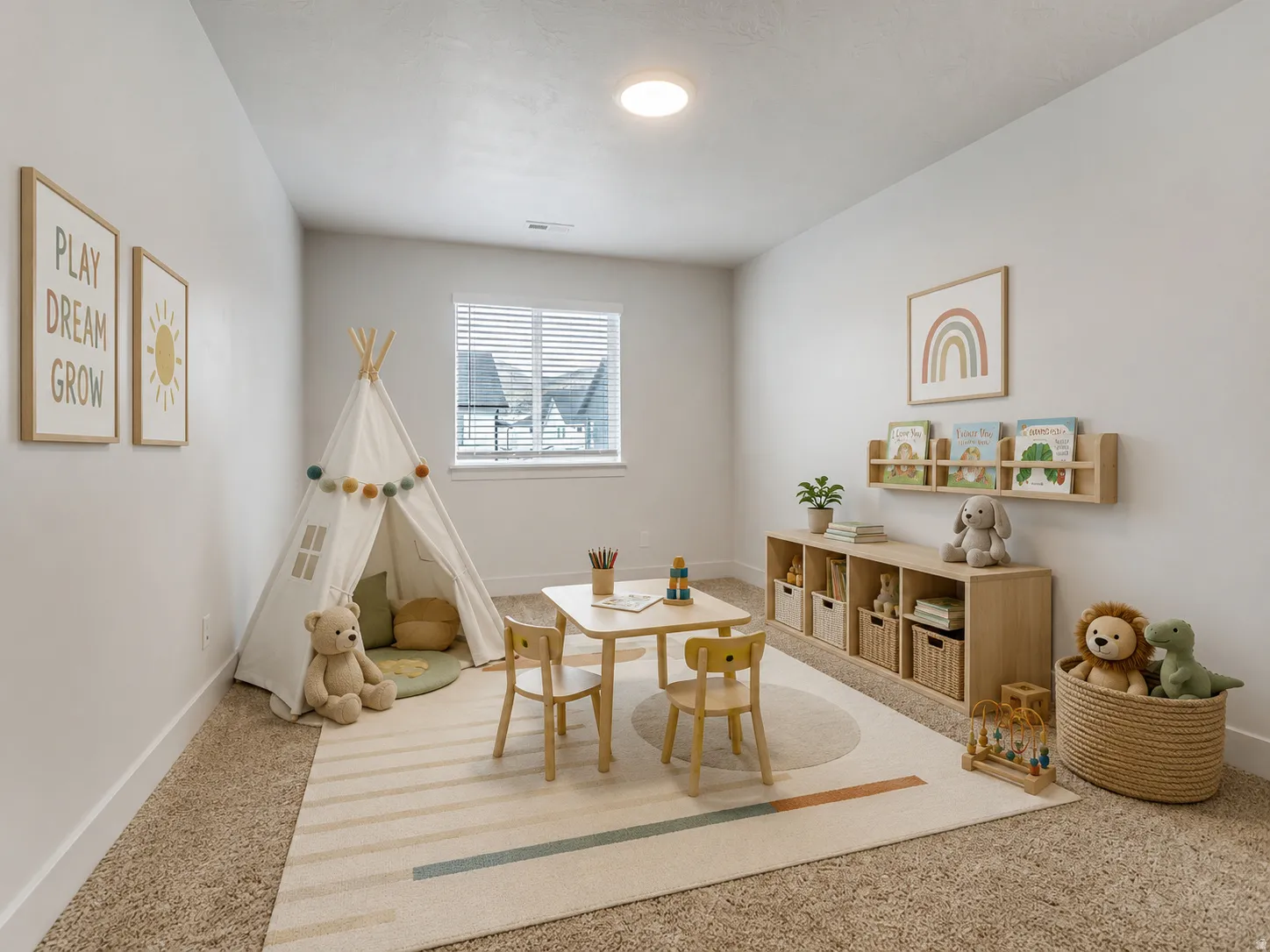 Carpeted room with a single window featuring horizontal blinds