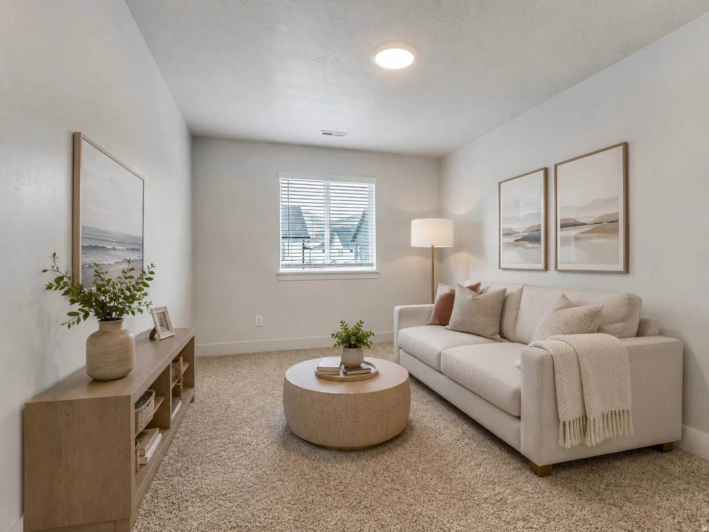 Recessed ceiling lighting, window with horizontal blinds, neutral wall tones, and carpeted flooring