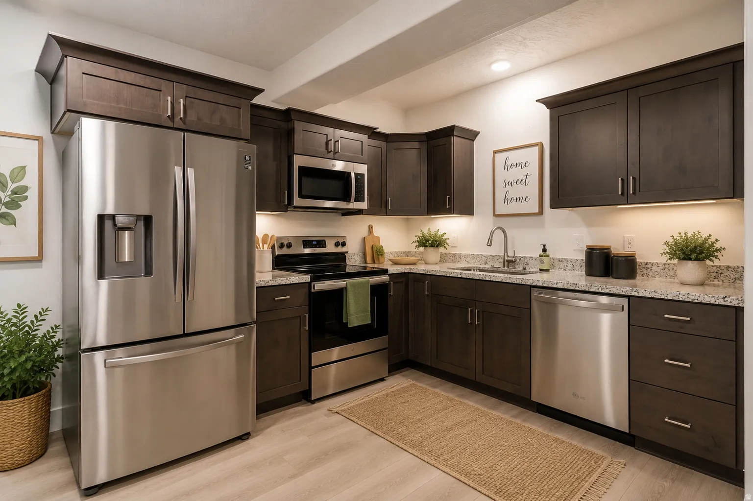 Kitchen featuring wood-finish cabinetry, stainless steel appliances, speckled countertops, undermount sink, and recessed lighting