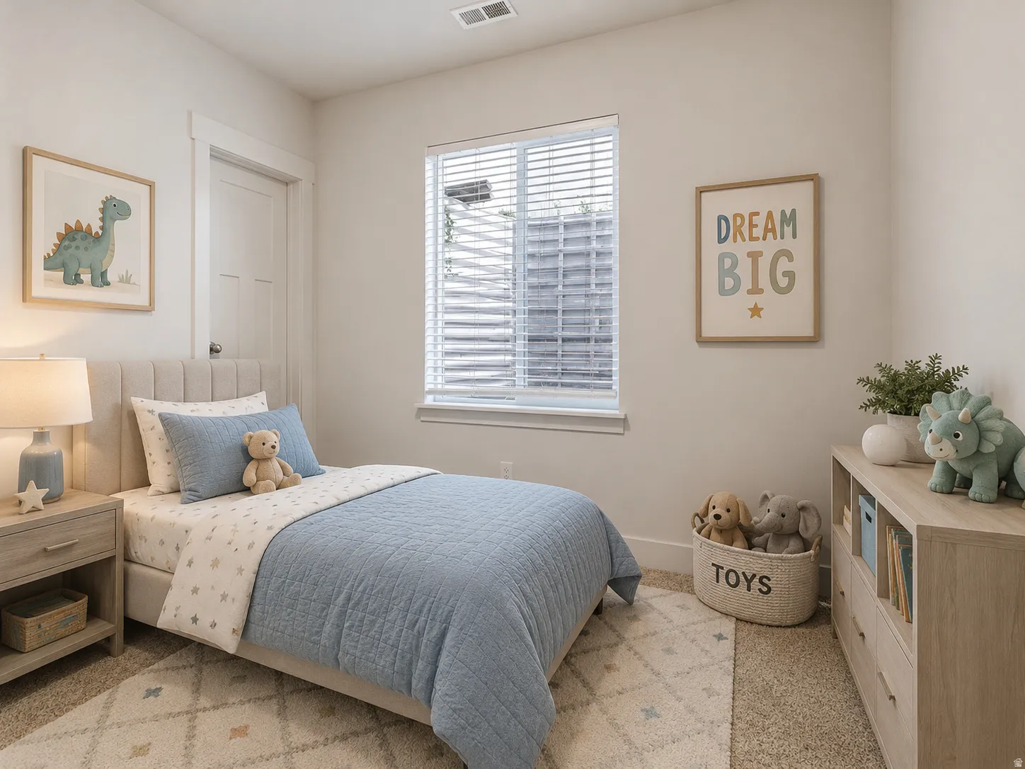 Neutral wall paint, window with blinds, wood-finish flooring, paneled interior door, and built-in shelving unit