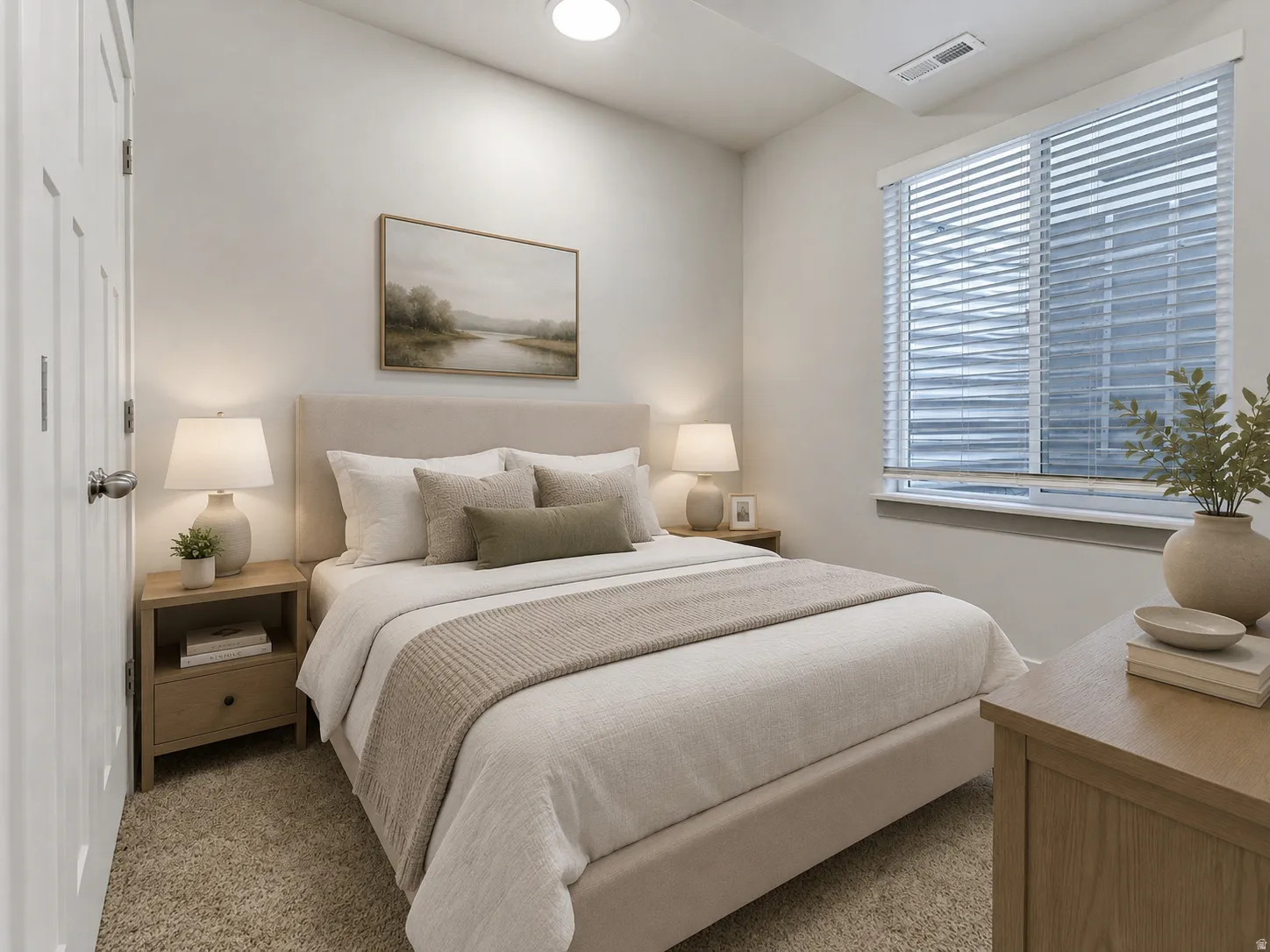 Plush carpet flooring, recessed lighting, and a window with blinds