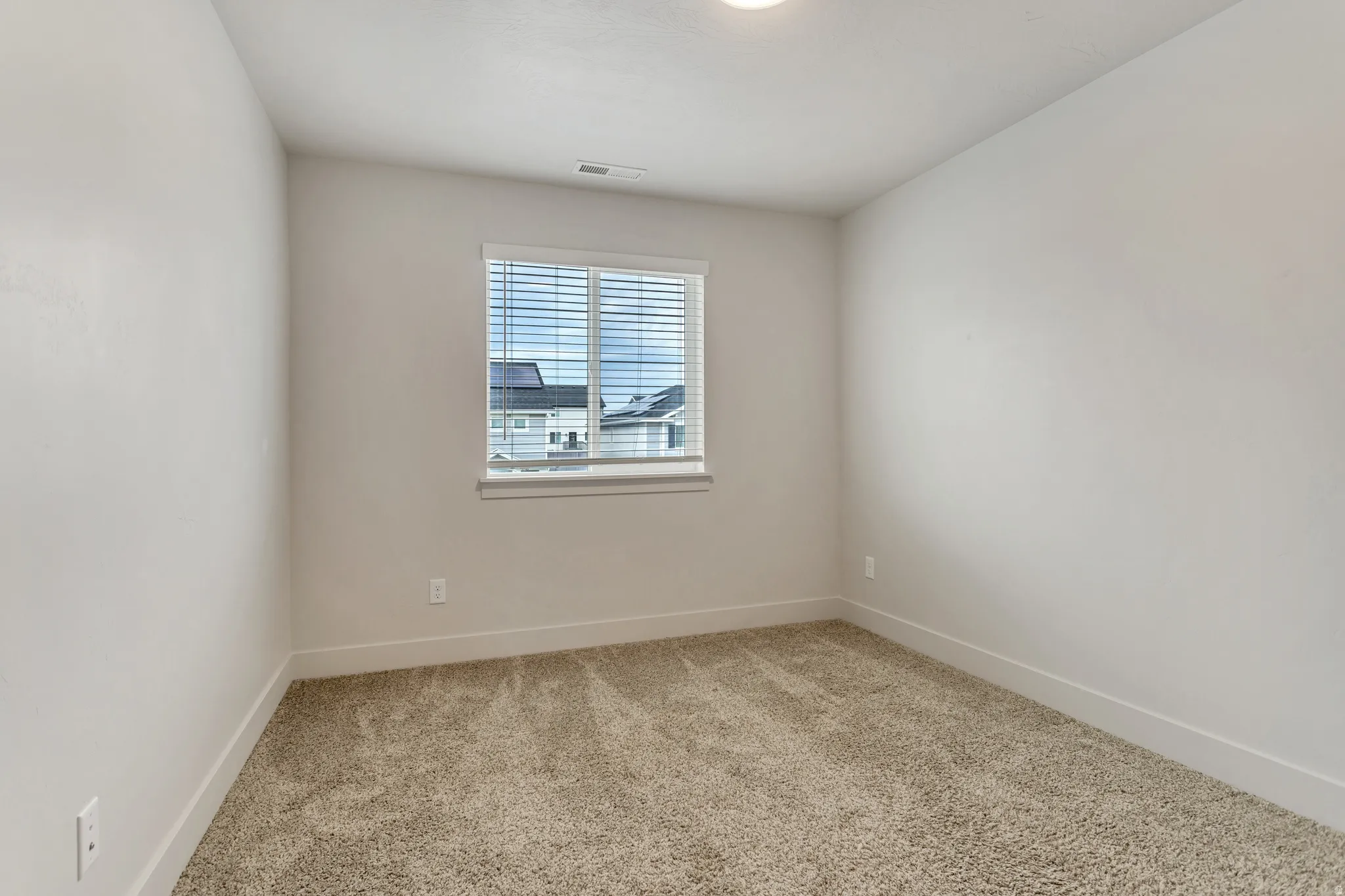 Neutral tone wall finishes, flush ceiling light fixture, window with blinds, and carpeting
