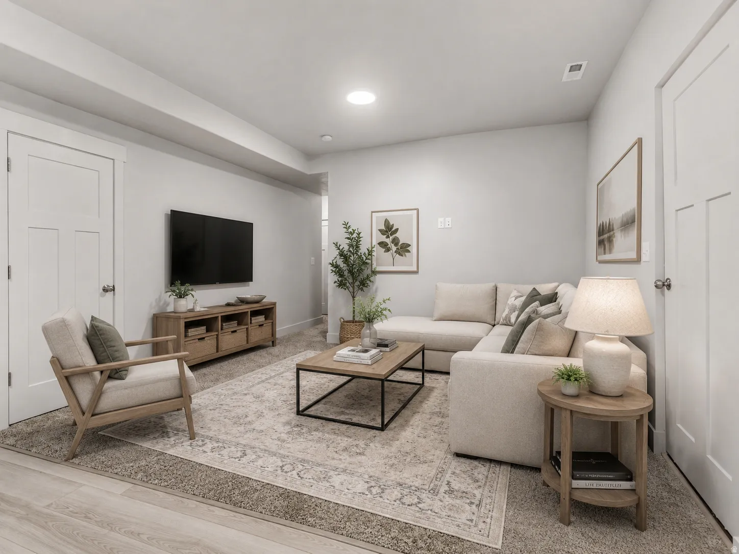 Recessed lighting, light-toned wall finishes, paneled interior doors, and a combination of carpet and wood-finish flooring