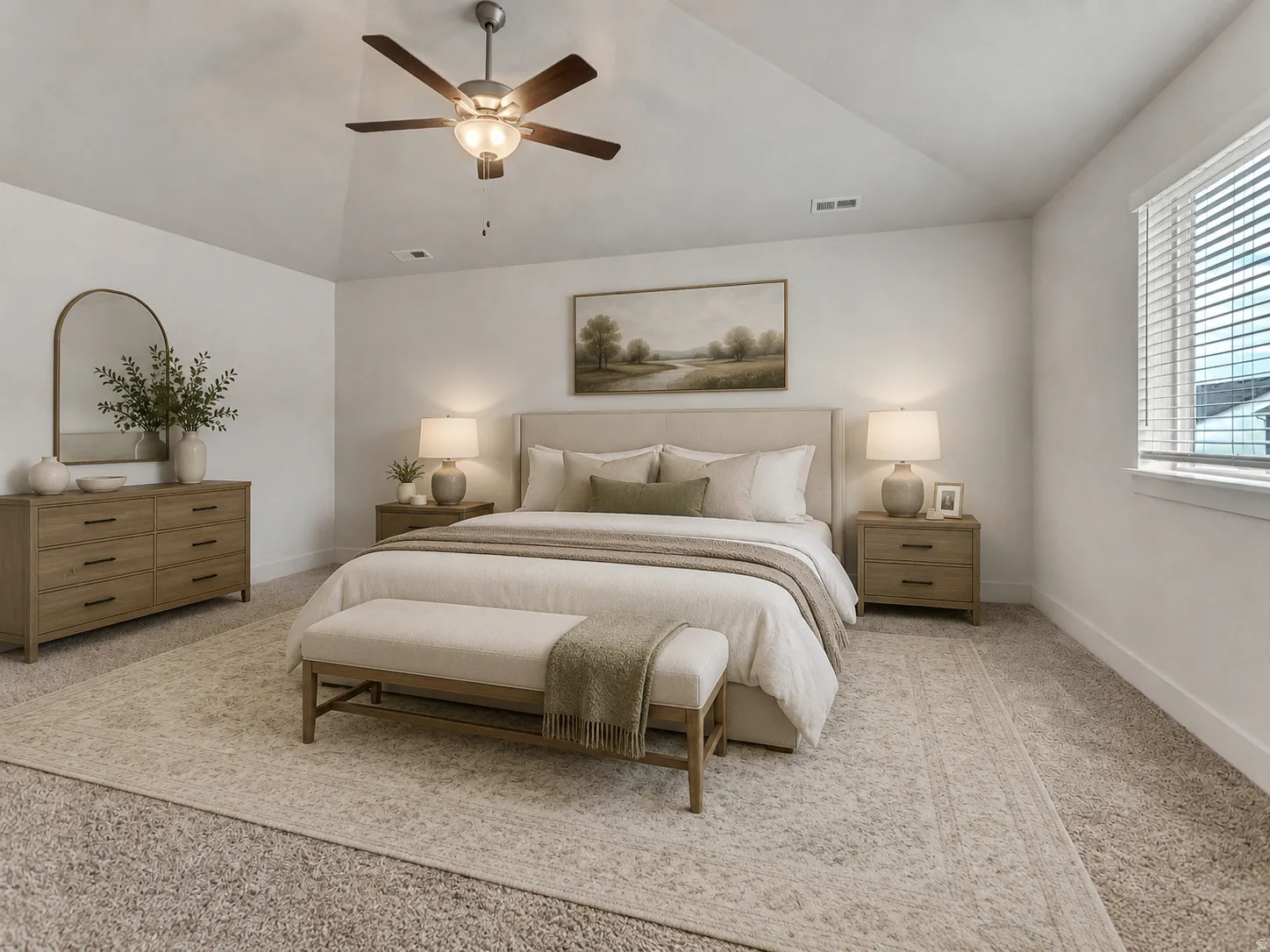 Vaulted ceiling featuring a ceiling fan with integrated lighting