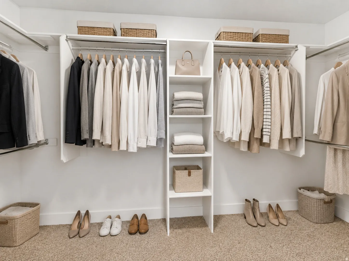Custom closet system with white shelving, integrated hanging rods, and built-in storage