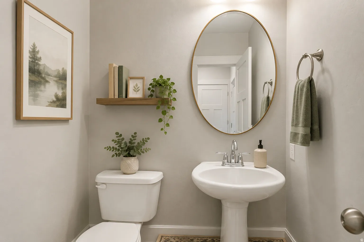 Pedestal sink with chrome fixtures, oval mirror with a brass-finish frame, and a wall-mounted towel ring
