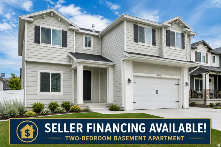 Two-story residence with light-toned siding, dark shutters, an attached two-car garage, covered porch entry, and established front landscaping