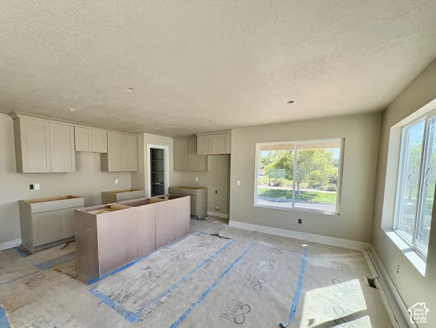 Kitchen area featuring light-toned cabinetry, a central island foundation, and multiple windows