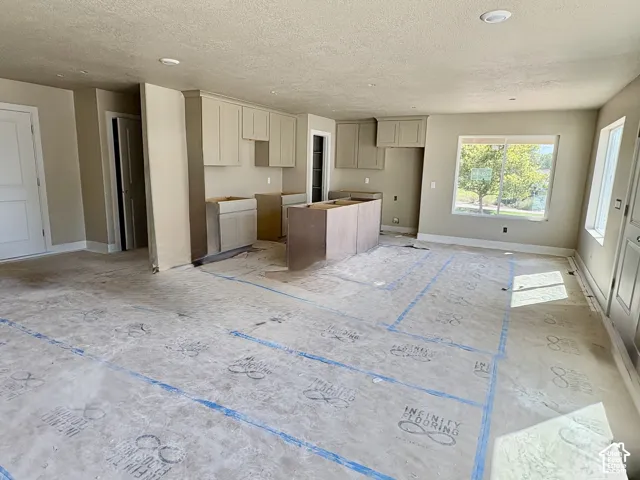 Open-concept room featuring light-colored cabinetry, a central island, recessed lighting, and multiple windows