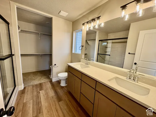 Dual-sink vanity with light-tone cabinetry, stone-surface countertop, wood-finish flooring, and large-format wall mirrors with multi-bulb light fixtures
