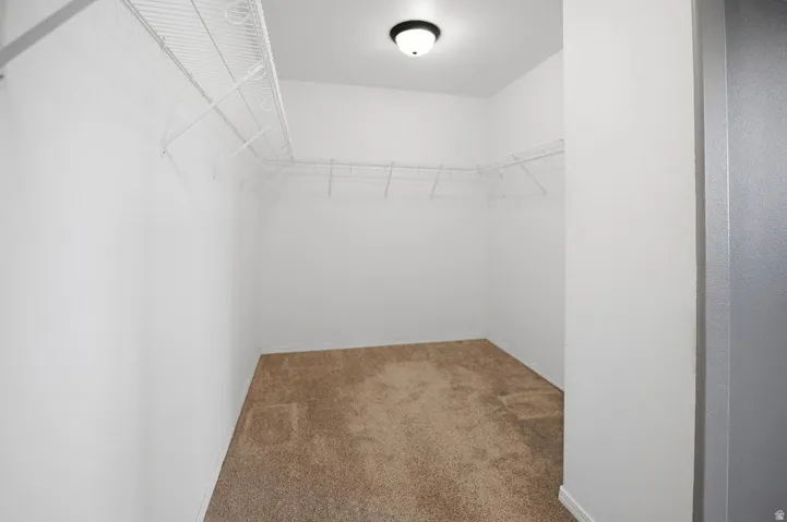 Walk-in closet featuring white wire shelving, light brown carpeting, and a flush-mount ceiling light