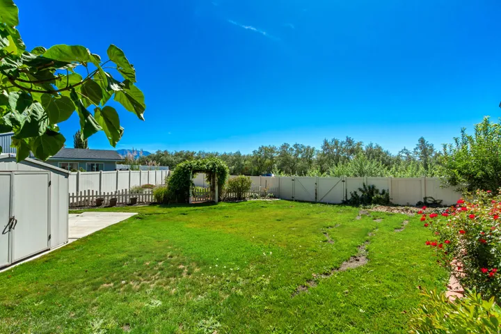 Expansive backyard featuring a lush lawn, white privacy fencing, concrete patio area, storage shed, and a garden archway
