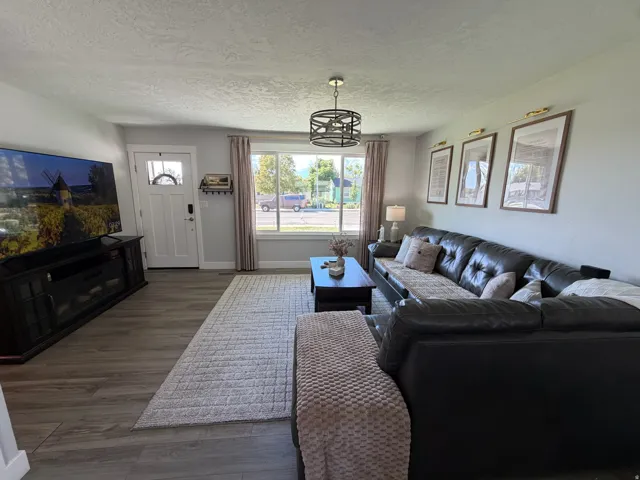 Wood-finish flooring, central window with drapery, ceiling-mounted light fixture, and painted walls