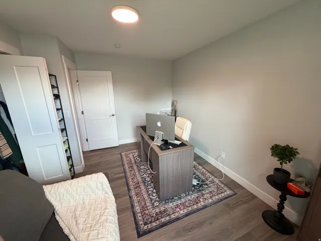 Wood-finish flooring with white trim