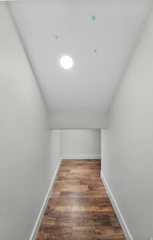 Clever use of basement space featuring practical storage built under the staircase, perfect for stashing seasonal items, holiday decorations, or household essentials. This tucked-away storage solution maximizes often-wasted space and keeps the basement or
