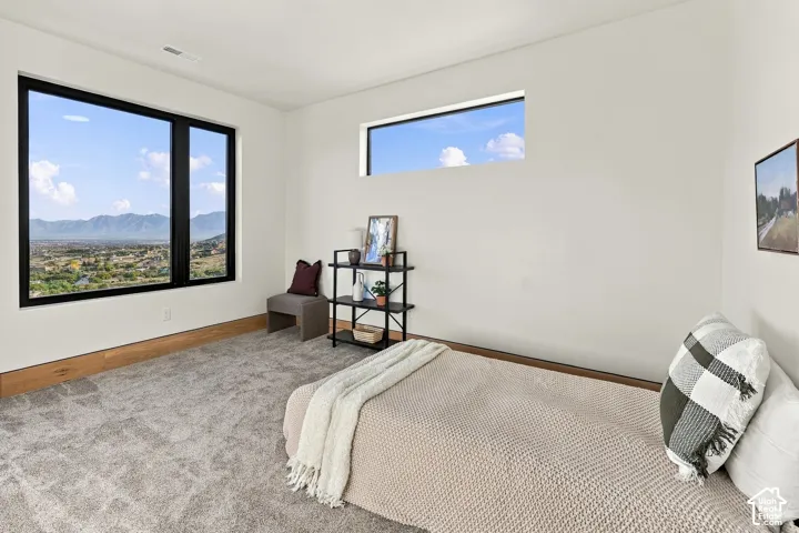 Spacious room featuring floor-to-ceiling black-framed windows, a horizontal transom window, neutral carpeting, and natural wood trim accents