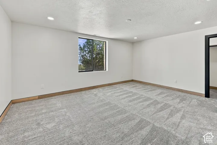 Neutral-toned wall-to-wall carpeting, recessed ceiling lighting, textured ceiling, single-pane slider window, and dark-finished door trim