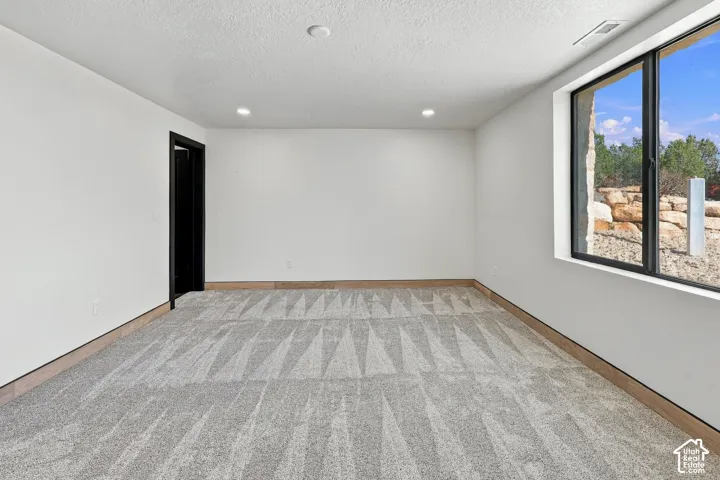 Neutral-toned carpeting, recessed ceiling lighting, large window with black framing, and natural wood trim accents